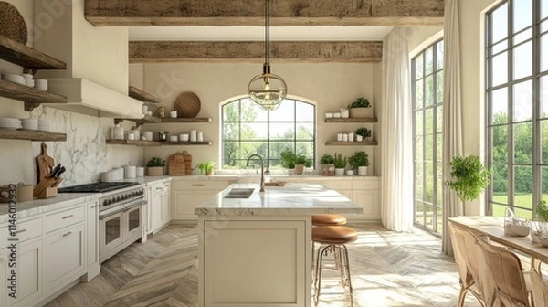 Obraz Modern rustic kitchen with large windows and natural light
