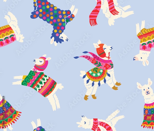 Fototapeta White llamas, alpacas in winter sweaters, scarf and hats isolated on light blue background. Pattern Design