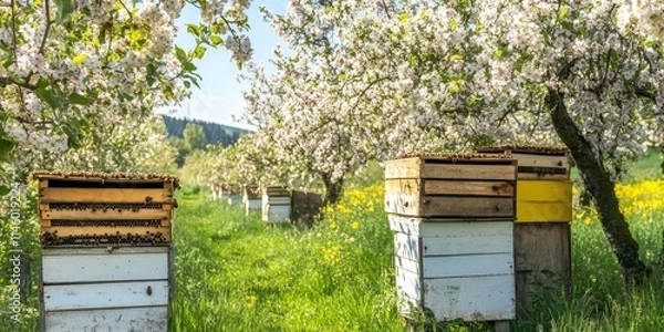 Fototapeta Beehives surrounded by flowering apple trees in an orchard. These beehives play a vital role in the pollination process within the apple orchard, supporting organic fruit and food production.