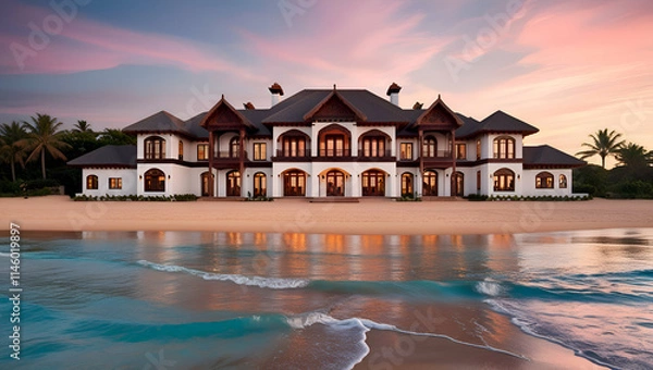 Obraz Exterior Of Modern House on Beach, Beach Buildings, Generative Ai