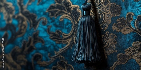 Fototapeta A classic tassel is placed against a backdrop of blue and black colors, showcasing its vintage charm. The vintage tassel stands out due to the contrasting blue and black setting.