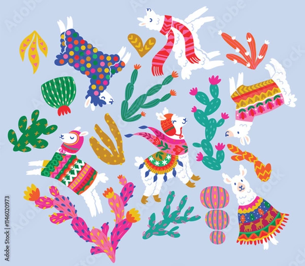 Fototapeta Set of cactuses and white llamas, alpacas in winter sweaters, scarf, hats isolated on light blue background. Vector illustration