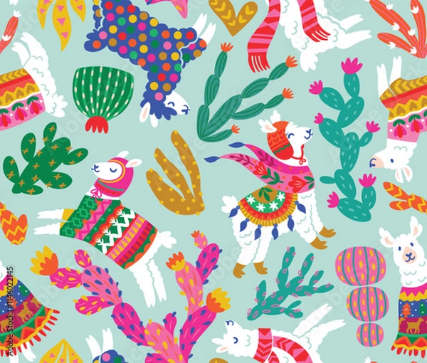 Fototapeta White llamas, alpacas in winter sweaters, scarf, hats and cactuses isolated on mint background. Pattern Design