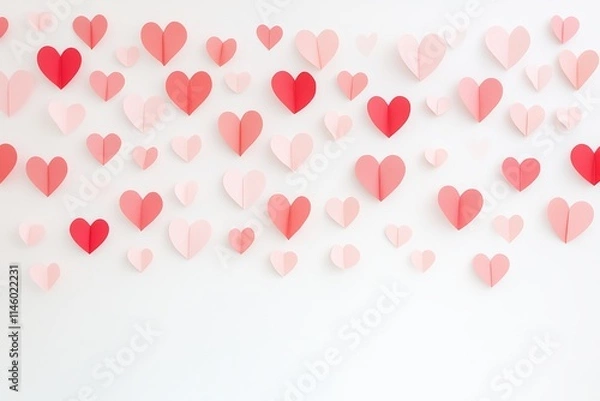 Obraz Hanging Pink and Red Paper Heart Decorations on White Background for Valentine’s Day