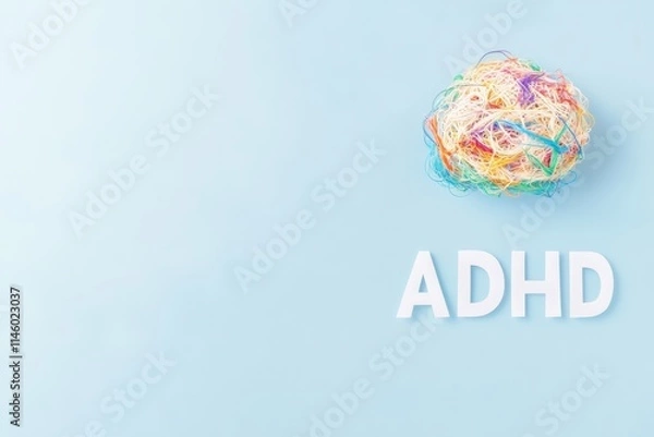 Obraz ADHD Concept with Colorful Tangled String Ball on Blue Background