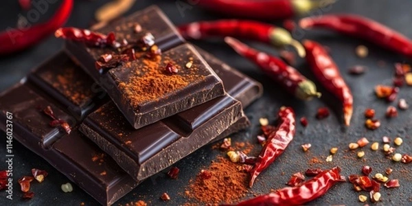 Fototapeta Dried red chili peppers atop chocolate bars, enhanced with cayenne powder, create a unique flavor combination. This image of dried red chili peppers showcases their vibrant color and texture.