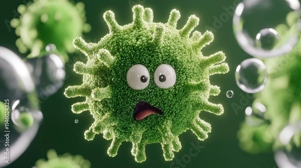 Fototapeta Cute Cartoon Virus Character with Surprised Expression and Bubbles