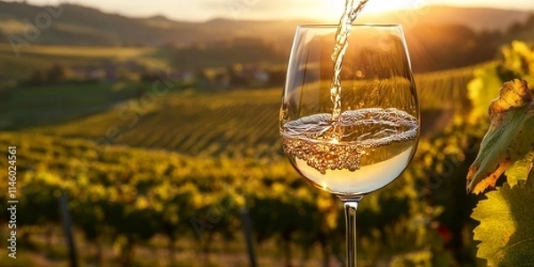 Obraz Wine glass showcasing white wine being poured against a backdrop of a sunlit vineyard landscape. This image captures the essence of winemaking, making it perfect for wine enthusiasts.