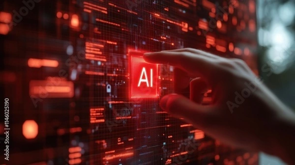 Fototapeta A hand is pointing at a red square with the letters AI on it. Generative AI