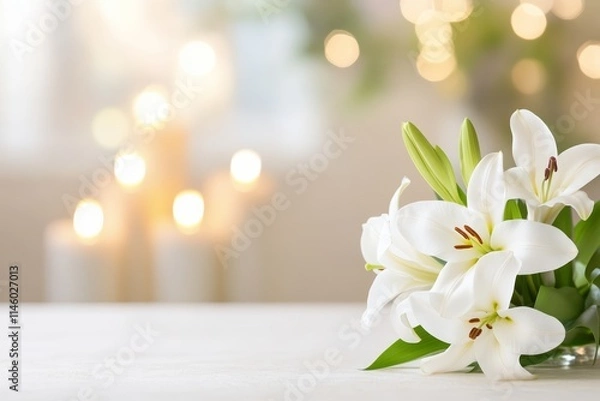 Obraz White Lily Bouquet and Candle with Glowing Cross in Church Interior