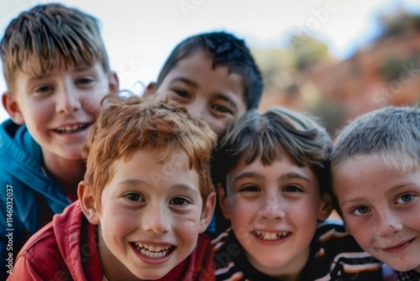 Fototapeta Portrait of a group of happy children smiling and looking at camera