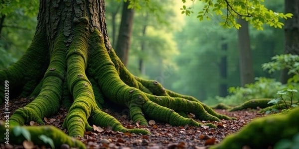 Fototapeta Ancient Tree Roots Clad in Lush Green Moss, Ground Covered with Fallen Leaves in Serene Forest