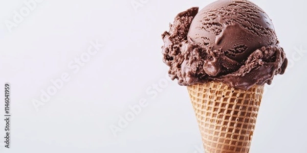 Fototapeta Delicious chocolate ice cream served in a cone against a clean white background, highlighting the rich color and texture of the chocolate ice cream for a tempting visual appeal.