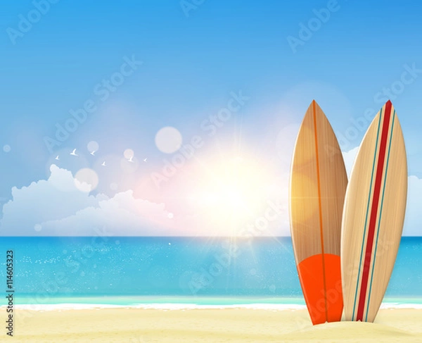 Fototapeta Beach background with surf boards. Photorealistic vector.

