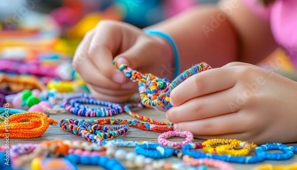 Fototapeta Colorful Friendship Bracelets Child s Hands Creating DIY Jewelry, Weaving with Threads and Beads