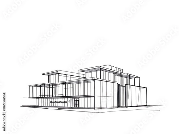 Fototapeta Modern House Sketch: Clean Line Architectural Illustration. AI Generated