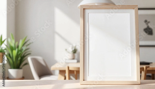 Fototapeta Wooden picture frame on desk in sunlit room.