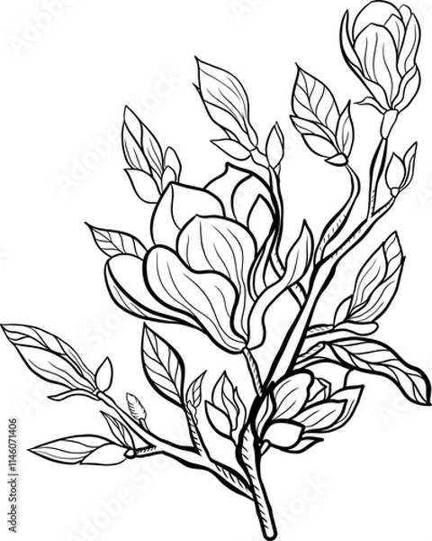 Obraz A seamless black and white floral pattern with roses, leaves, and branches, designed as a vintage illustration for a garden-inspired wallpaper