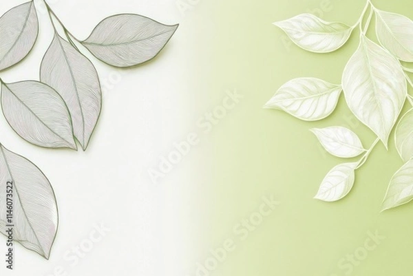 Fototapeta Elegant pastel green and white leaves on a split background.