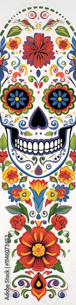 Obraz Day of the Dead, sugar skulls with intricate patterns and symmetrical design elements.