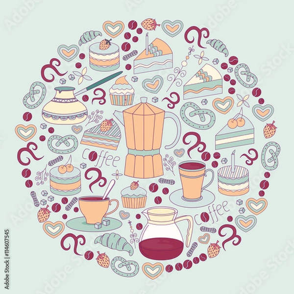 Fototapeta Flyer of vector modern flat design coffee-shop, cafe and bakery icons.