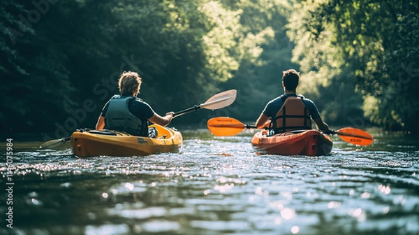 Fototapeta A couple kayaking on a river, paddles cutting through the water, surrounded by trees and nature.