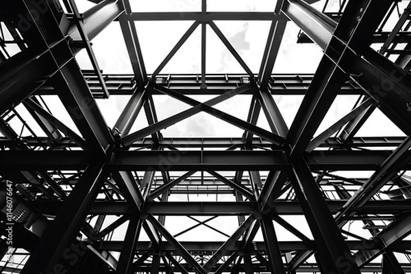 Obraz photo portrait Steel frame Industrial Steel Structure for concept building construction, sun shines through the lattice structures of the covered pedestrian crossing, bottom-up view of the railway 

