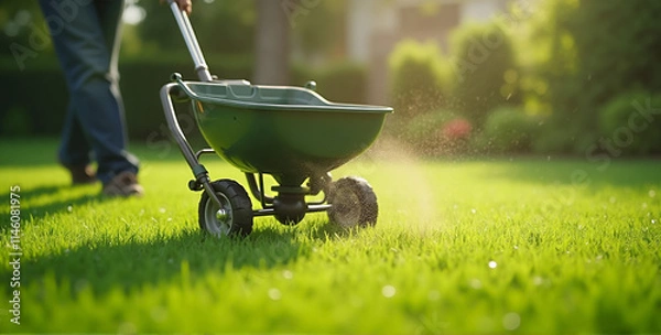 Fototapeta A handheld lawn spreader, featuring a black plastic body with red metal handles