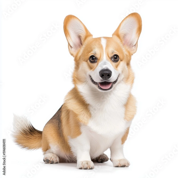 Obraz Fluffy corgi with wagging tail, sitting happily on white background