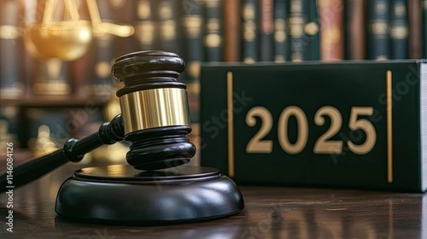 Fototapeta Judge's gavel beside "2025" on a table, symbolizing new laws, rules, and decisions for the upcoming year
