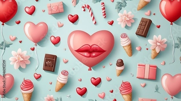 Fototapeta Romantic Valentine s Day Themed Pattern with Festive Elements in Cartoon Style