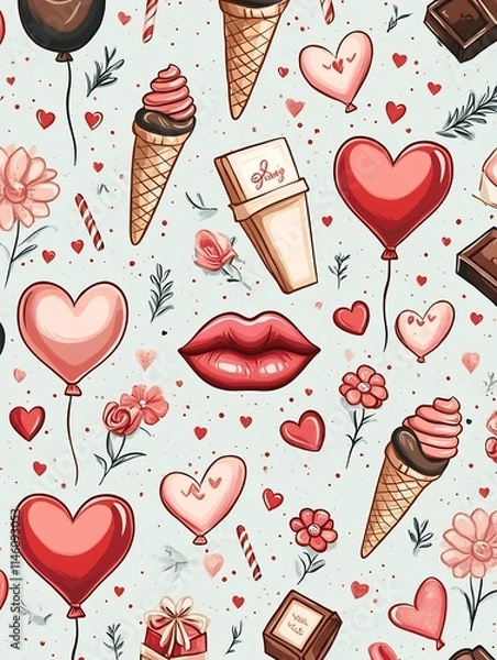 Fototapeta Charming Valentine s Day Pattern with Heart Shapes Gifts and Sweets in Cartoon Style