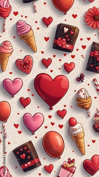 Fototapeta Vibrant Valentine s Day Themed Pattern with Hearts Gifts and Confections in Cartoon Style