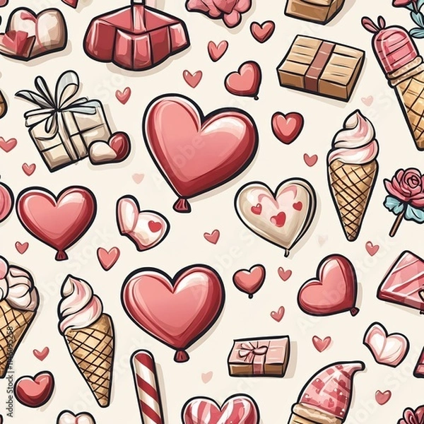 Fototapeta Whimsical Valentine s Day Pattern with Hearts Gifts and Treats in Cartoon Style