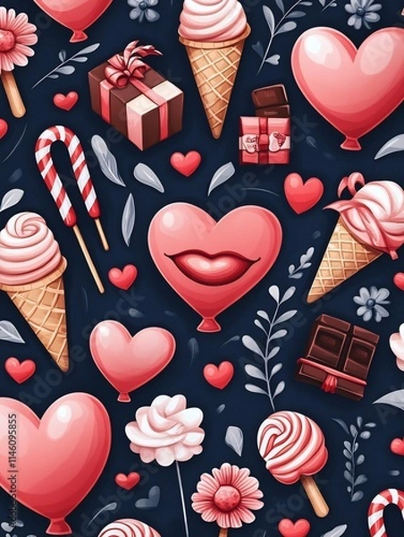 Fototapeta Vibrant Valentine s Day Themed Pattern with Hearts Gifts and Sweets in Cartoon Style