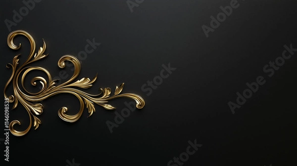 Fototapeta Golden Flourish on Black:  A delicate, intricate gold floral motif  swirls and flourishes against a sophisticated black backdrop.