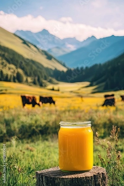 Obraz Ghee oil against the background of grazing cows. Selective focus.
