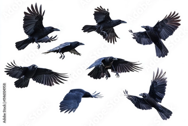 Fototapeta Flock of crows flying gracefully in sky, showcasing their wings