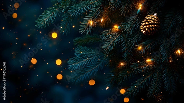Fototapeta Glimmering Lights Adorn Festive Pine Branches