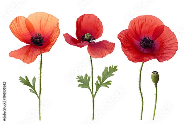 Obraz Three red poppies in various stages of bloom isolated on PNG background