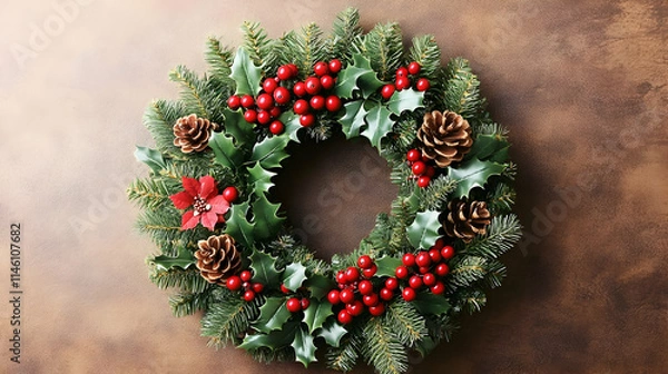Fototapeta Create Festive Holiday Wreath with Berries, Pine Cones, and Holly