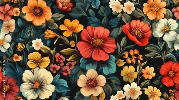 Fototapeta Unusual Floral summer seamless pattern. flowers on a black background. Template for fabrics, textiles, paper, wallpaper, interior decoration. Vintage