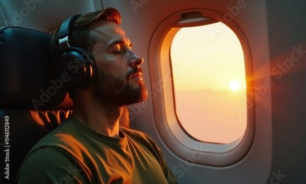 Obraz Airplane passenger window seat sunset view headphones relaxed