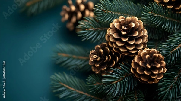 Fototapeta Golden Pinecones on Lush Evergreen Branches
