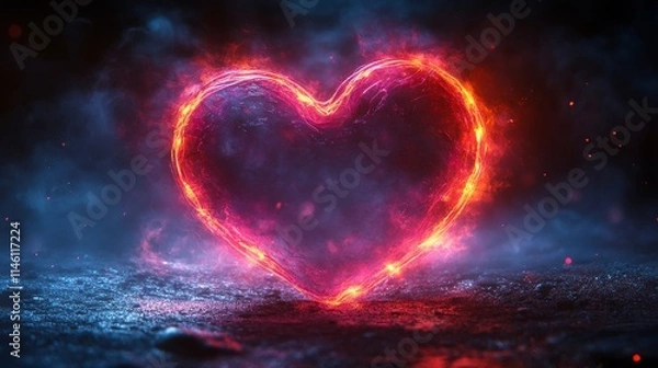 Fototapeta Glowing neon heart frame illuminates a dark background creating a vibrant atmosphere