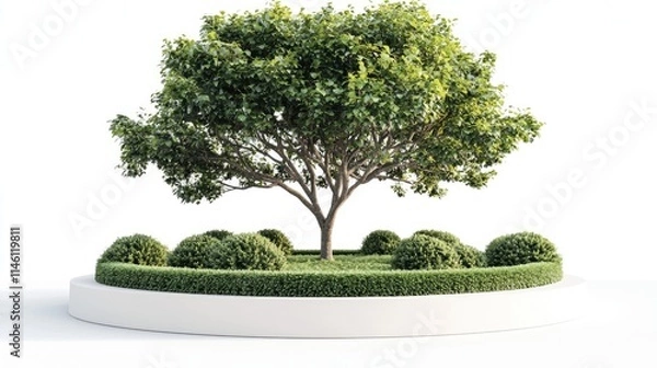 Obraz A lush tree surrounded by neatly trimmed bushes on a circular platform.