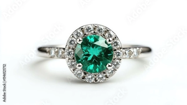Fototapeta Elegant Green Gemstone Ring with Diamond Accents on White Background