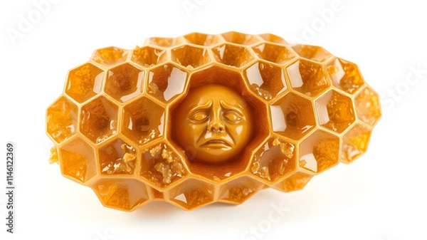Fototapeta A honeycomb piece with a carved crying face in one of its hexagonal cells, the golden wax textures and glossy reflections rendered perfectly, set against a white background, ultra-detailed in 8K