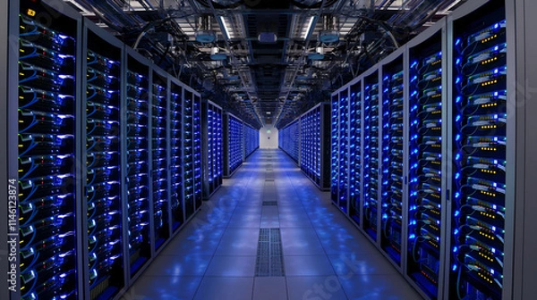 Fototapeta High-Tech Server Room with Rows of Illuminated Computer Racks