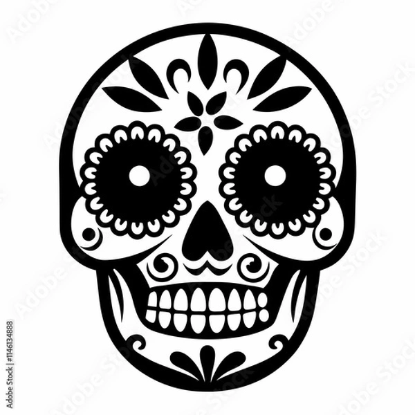 Fototapeta Day of the Dead Sugar Skull Illustration - Black and White Floral Design